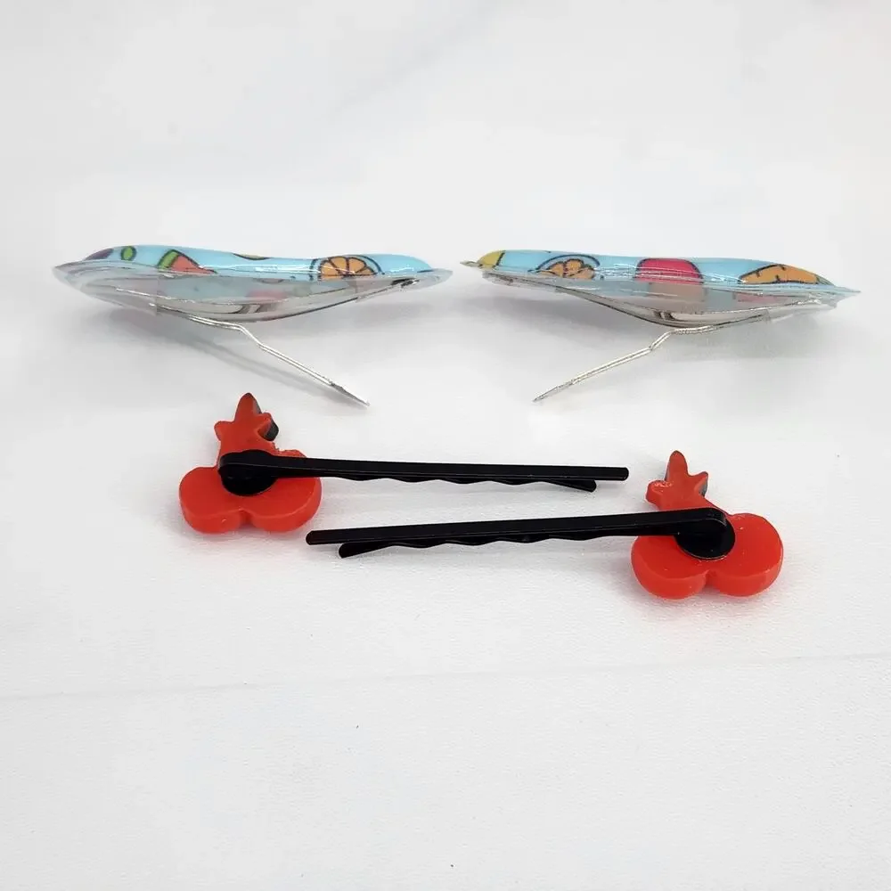 4 pc Hair Accessories 2 Cherry bobby pins 2 fruit/veggie snap barrette clips